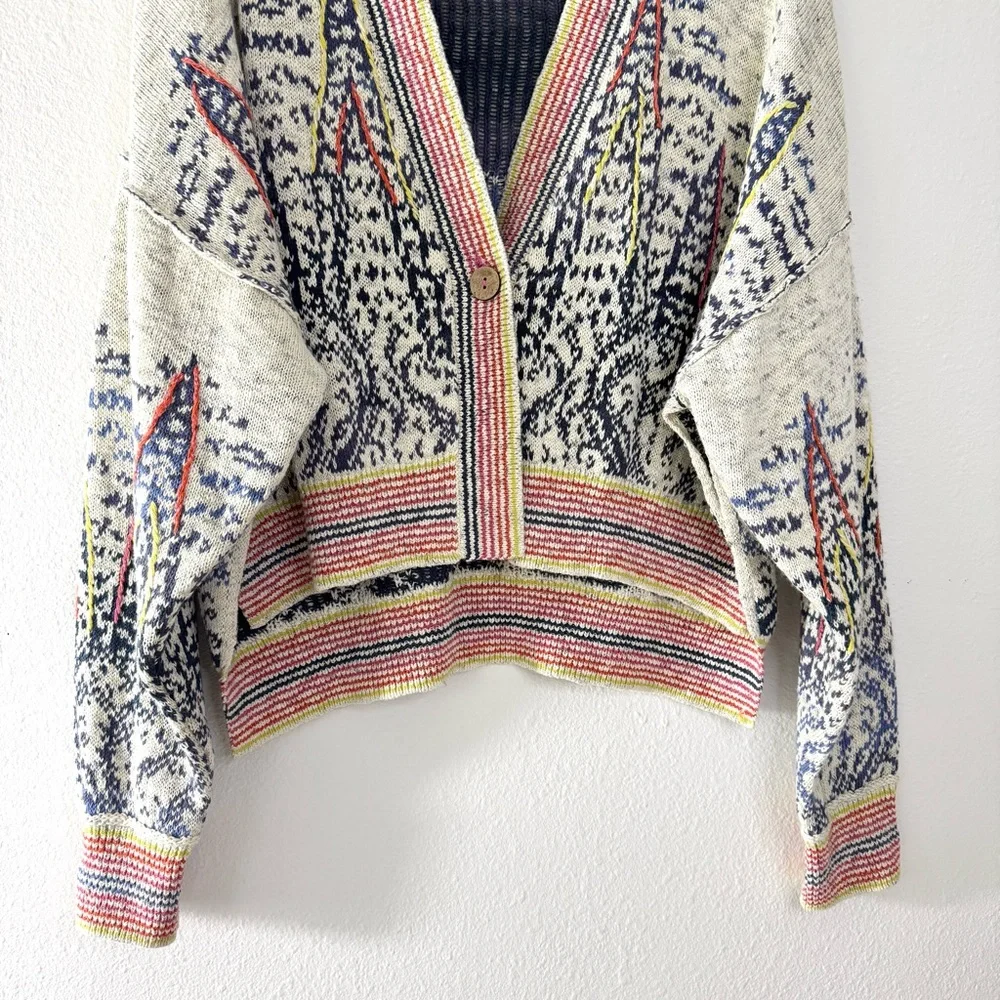 Anthropologie Pilcro Embroidered Cropped Cardigan Sweater Stripe Trim Size XL - Picture 7 of 10